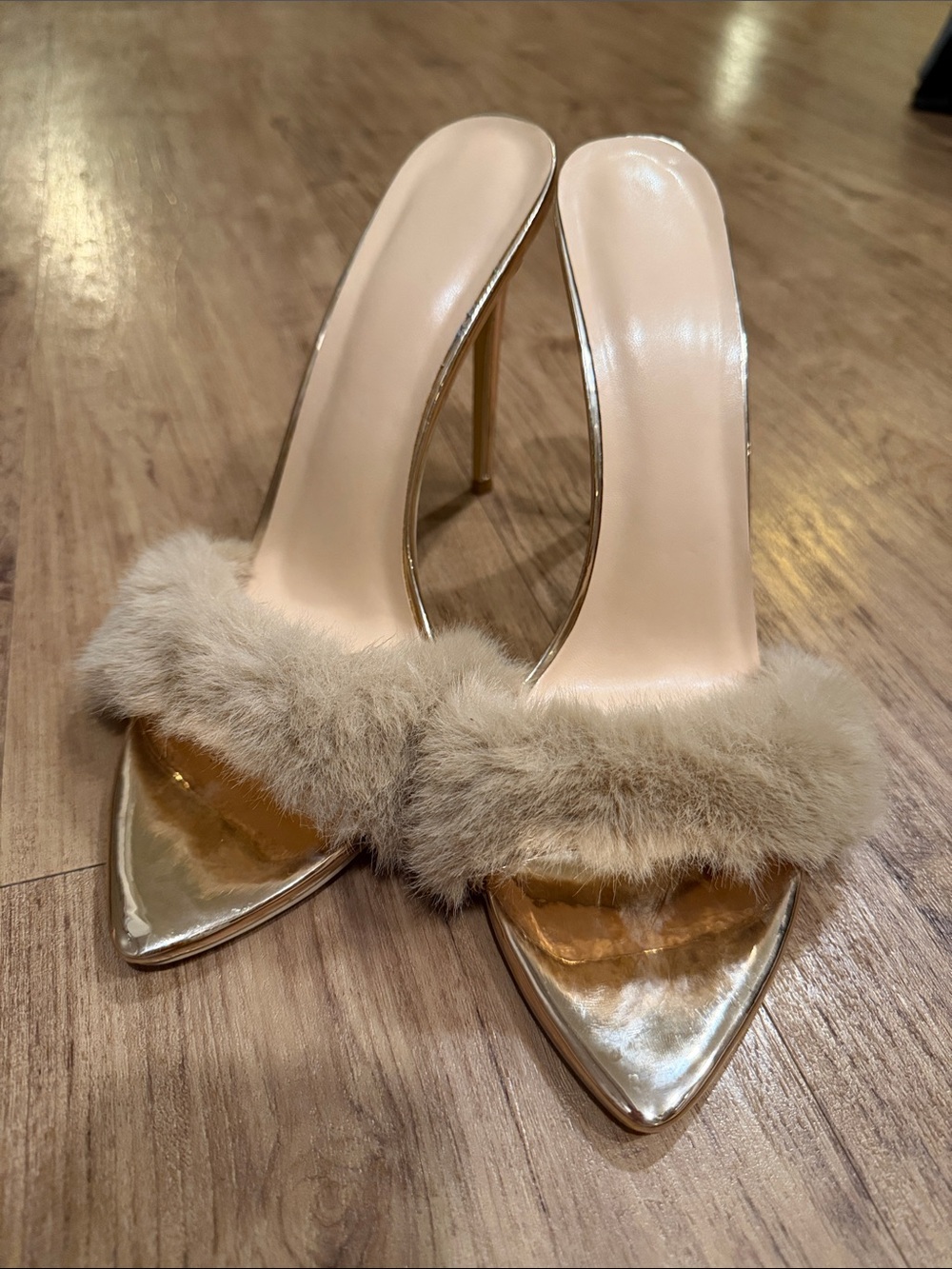 Gold Faux-Fur Trim Stiletto Mules - Women